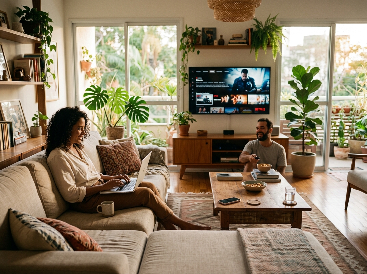 Família conectada em casa usando múltiplos dispositivos com a Natal Fibra